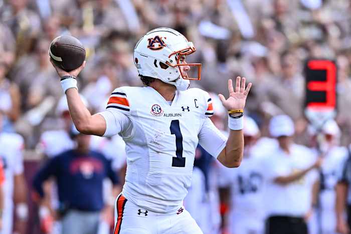 Sep 23, 2023; College Station, Texas, USA; Auburn Tigers quarterback Payton Thorne (1) looks to throw the ball during the first quarter against the Texas A&M Aggies at Kyle Field. Mandatory Credit: Maria Lysaker-USA TODAY Sports
